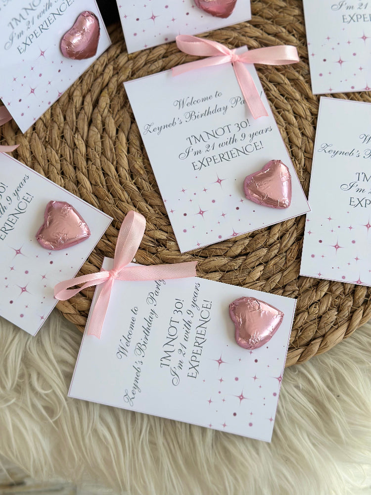 Personalized 30th Birthday Sparkle Favor Cards – Custom "I'm 21 with 9 Years Experience" Chocolate Hearts – Elegant Pink Bow Milestone Keepsakes