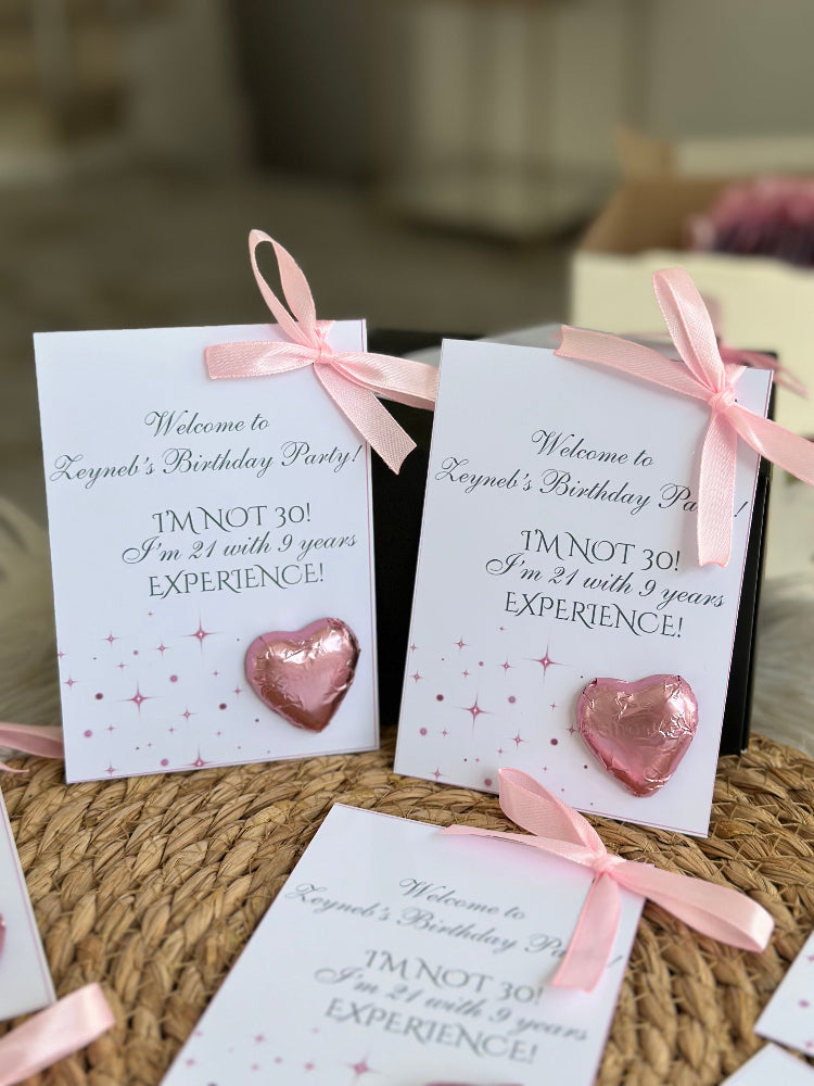 Personalized 30th Birthday Sparkle Favor Cards – Custom "I'm 21 with 9 Years Experience" Chocolate Hearts – Elegant Pink Bow Milestone Keepsakes