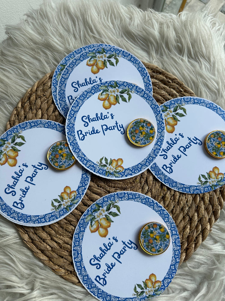Custom Amalfi Coast Lemon Bridal Party Favors – Personalized Mediterranean Blue Tile Chocolate Cards