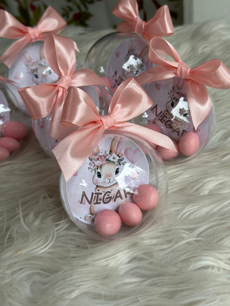 Luxury Newborn Baby Girl Bunny Favor Spheres – Personalized Pink Dragee Chocolate Domes – Custom Floral Bunny Theme Keepsakes for Newborn Announcements