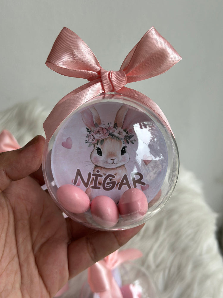 Luxury Newborn Baby Girl Bunny Favor Spheres – Personalized Pink Dragee Chocolate Domes – Custom Floral Bunny Theme Keepsakes for Newborn Announcements
