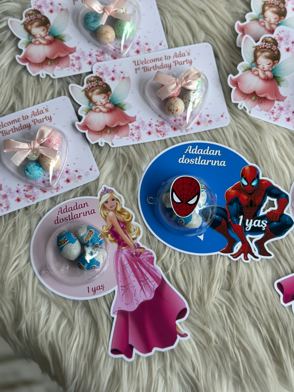 Barbie & Spiderman Mixed Birthday Favour Card — Bonbon Dome Gift — Chocoodad Baku