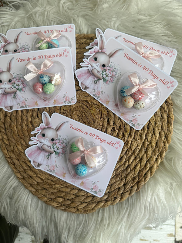 Bunny Ballerina Baby 40 Days Favour Card — Speckled Egg Bonbon Dome — Chocoodad Baku