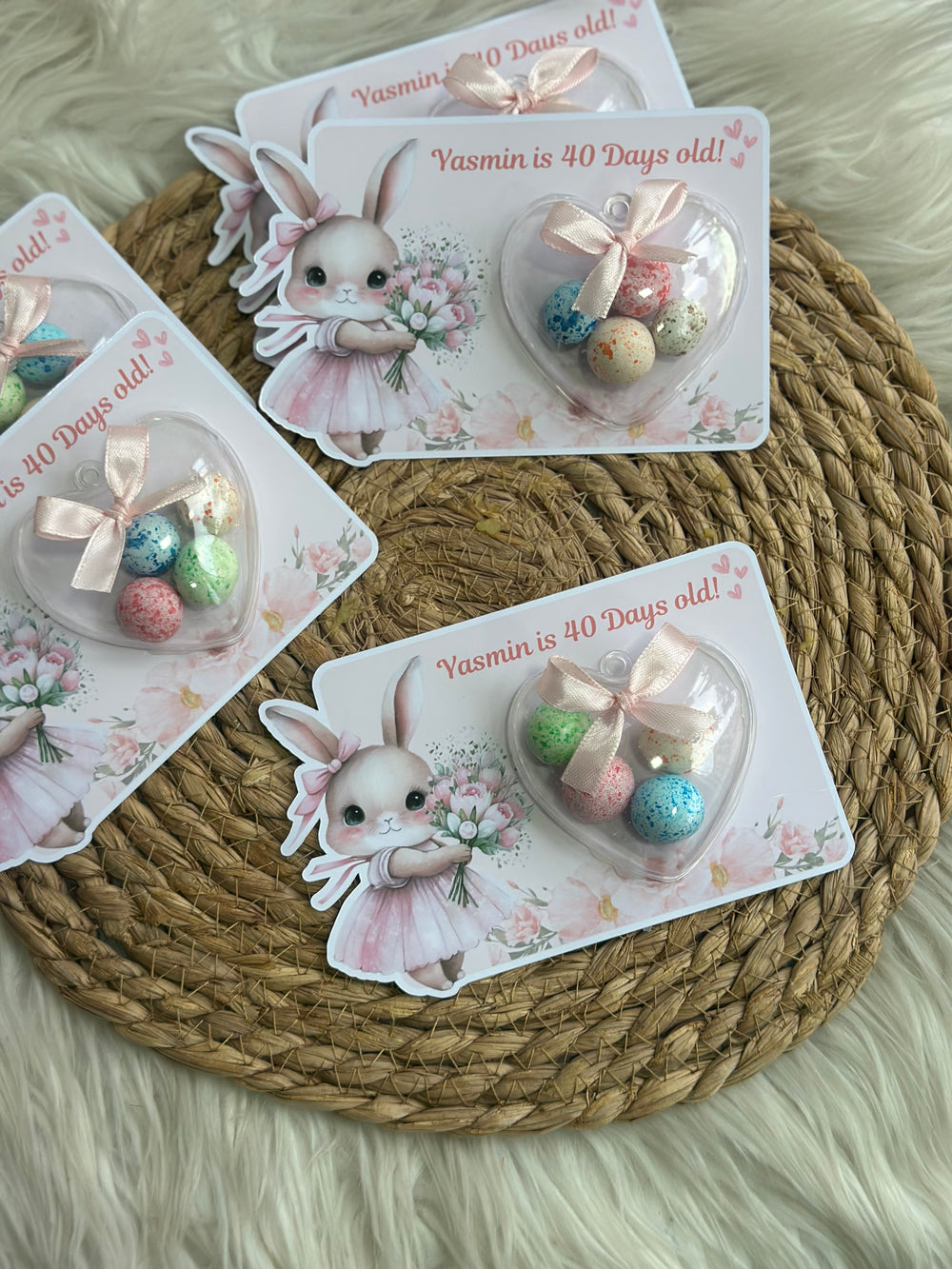 Bunny Ballerina Baby 40 Days Favour Card — Speckled Egg Bonbon Dome — Chocoodad Baku