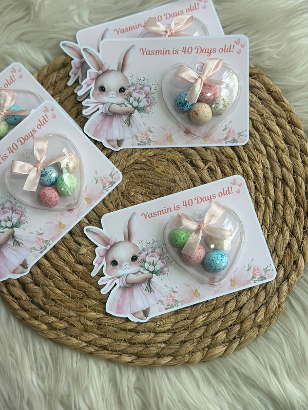 Bunny Ballerina Baby 40 Days Favour Card — Speckled Egg Bonbon Dome — Chocoodad Baku