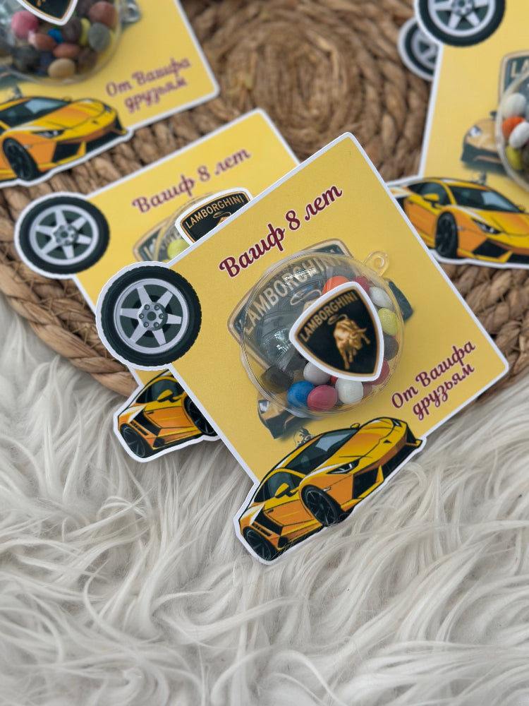 Sticker with Lamborghini logo and car design on a textured surface