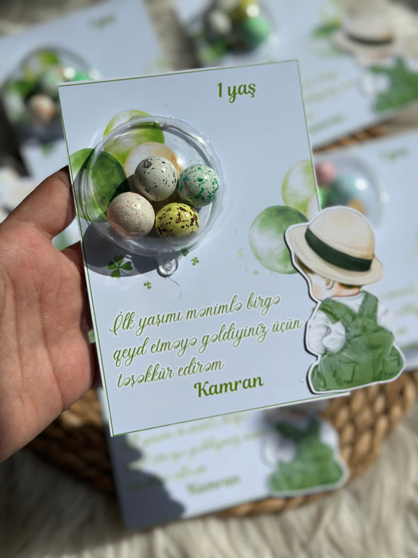 Green Boy 1st Birthday Favour Card — Speckled Bonbon Dome Gift — Chocoodad Baku