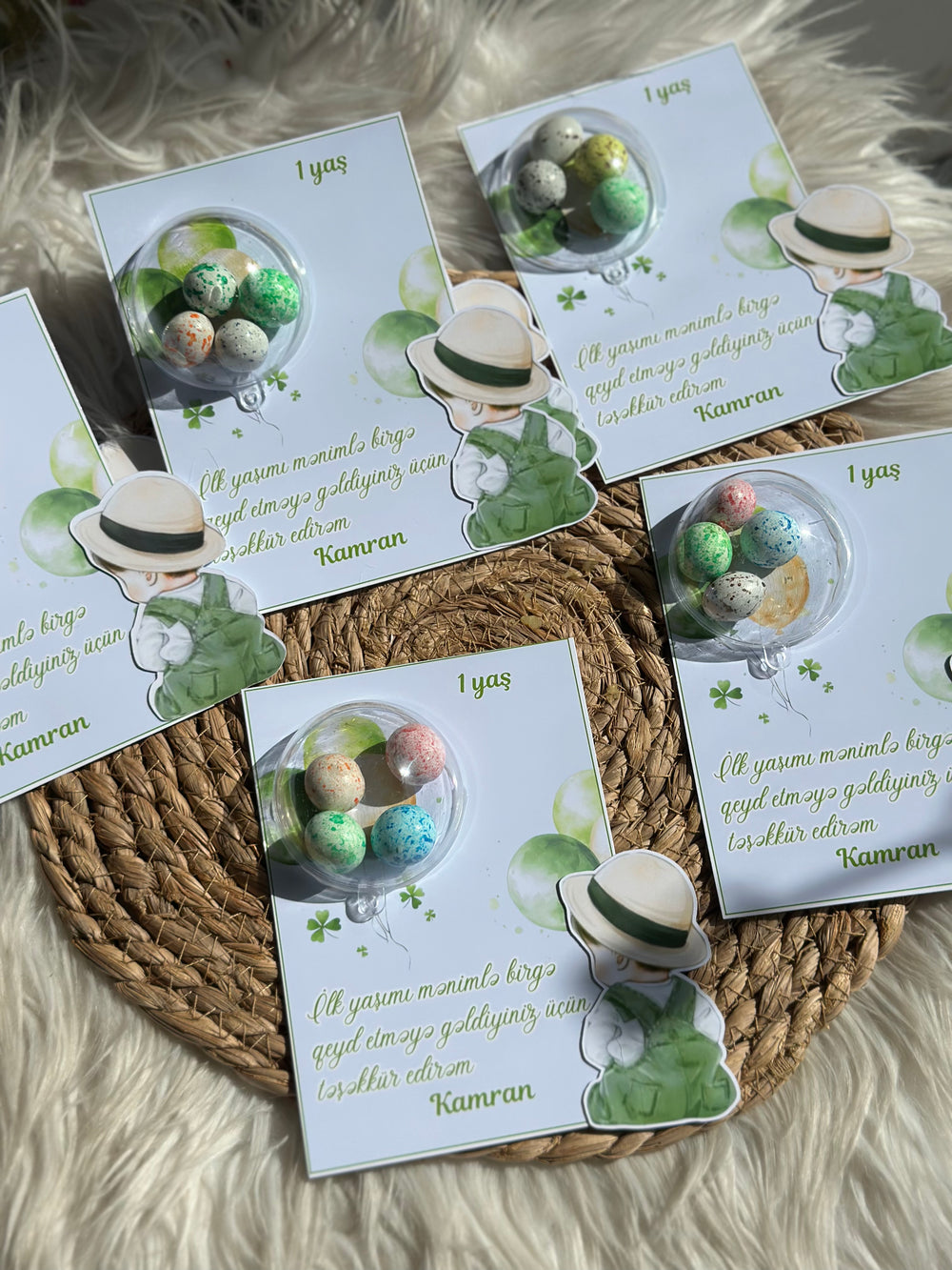 Green Boy 1st Birthday Favour Card — Speckled Bonbon Dome Gift — Chocoodad Baku