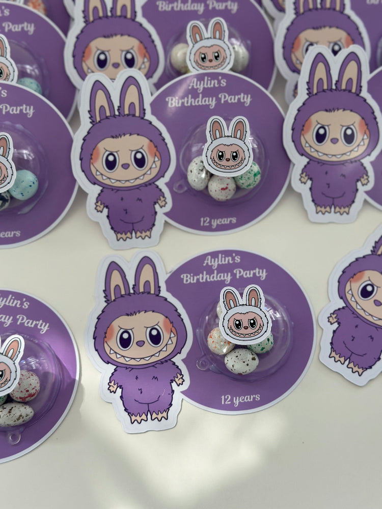 Stickers with cartoon character in a purple outfit on a white background