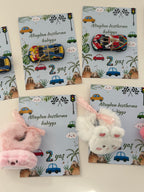 Set of children's cards with cars and a plush toy on a light background