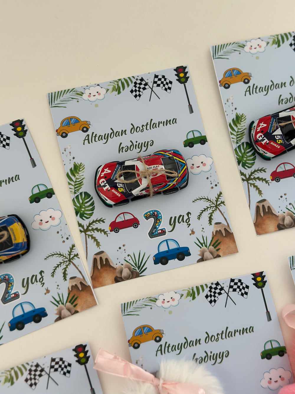 Racing Car & Bunny Kids Birthday Accessory Card — Toy & Hair Clip Favour — Chocoodad Baku