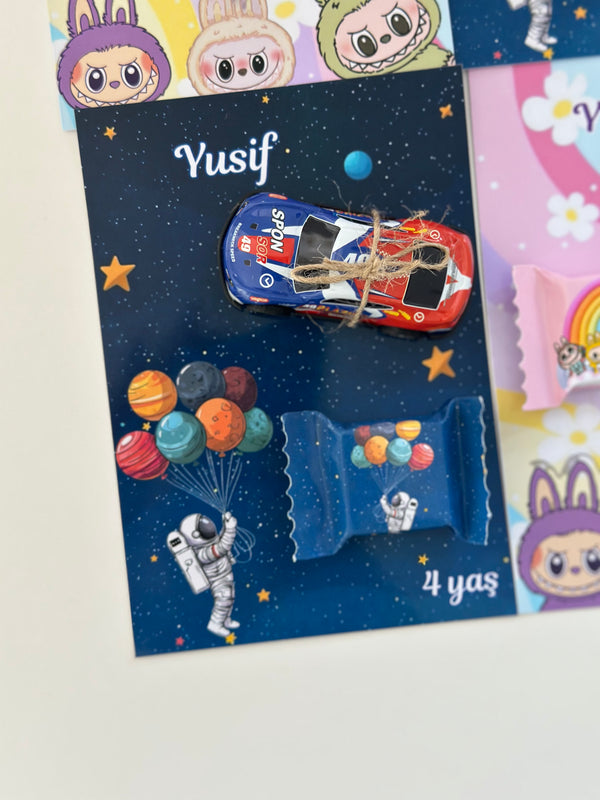 Space & Labubu Birthday Accessory Card — Car Toy & Puffy Hair Clip Gift — Chocoodad Baku