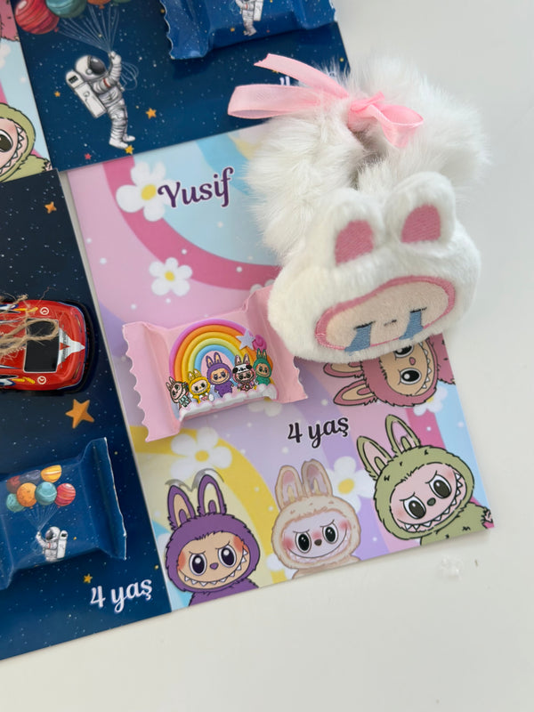 Space & Labubu Birthday Accessory Card — Car Toy & Puffy Hair Clip Gift — Chocoodad Baku