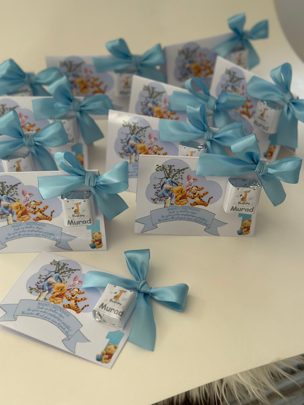 Winnie the Pooh 1st Birthday Chocolate Favour Card — Blue Satin Bow — Chocoodad Baku