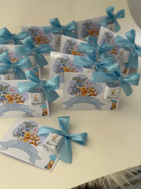 Winnie the Pooh 1st Birthday Chocolate Favour Card — Blue Satin Bow — Chocoodad Baku