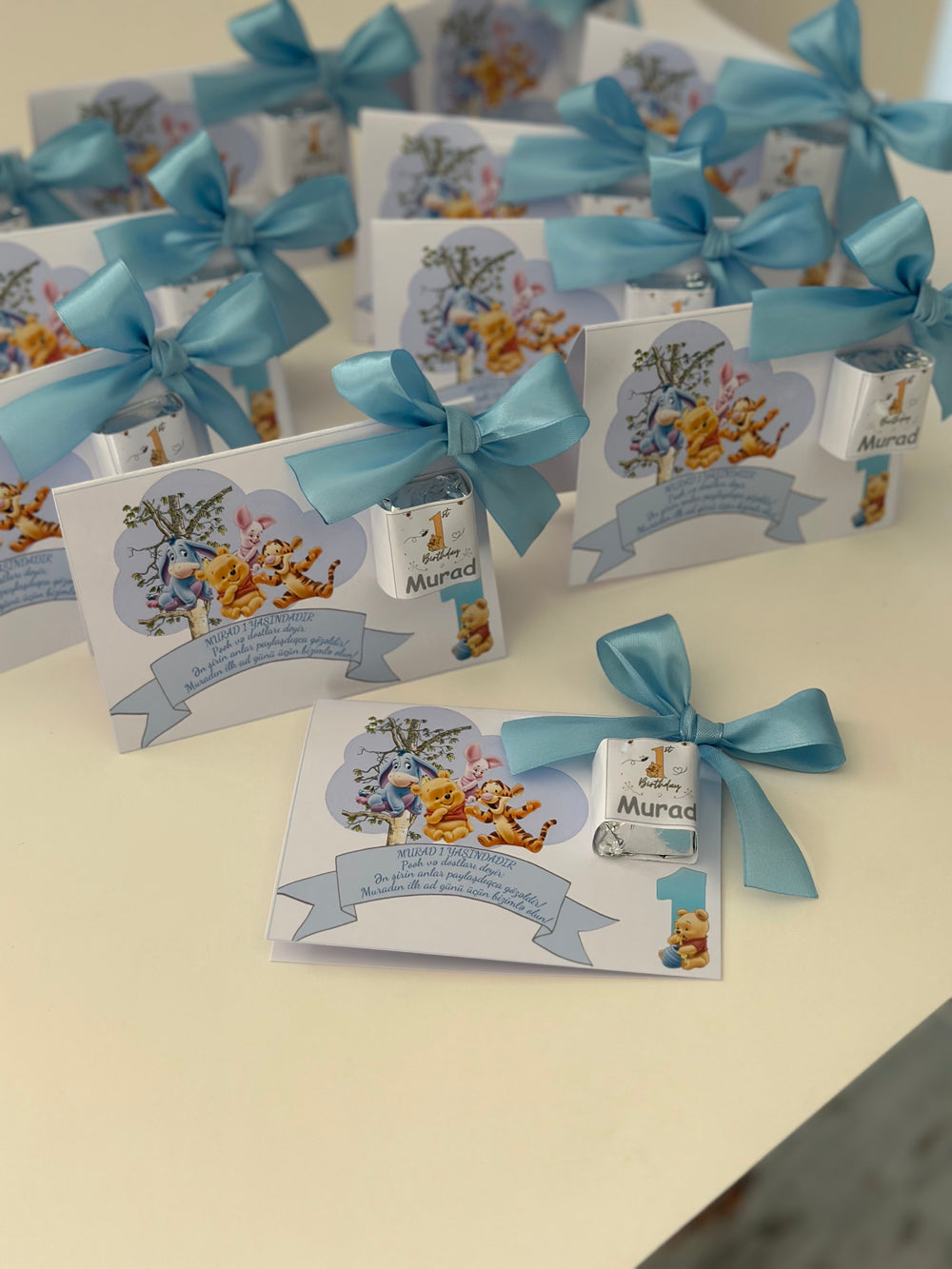 Winnie the Pooh 1st Birthday Chocolate Favour Card — Blue Satin Bow — Chocoodad Baku