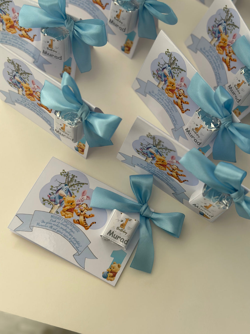 Winnie the Pooh 1st Birthday Chocolate Favour Card — Blue Satin Bow — Chocoodad Baku
