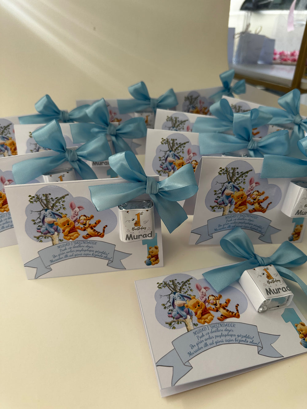 Winnie the Pooh 1st Birthday Chocolate Favour Card — Blue Satin Bow — Chocoodad Baku