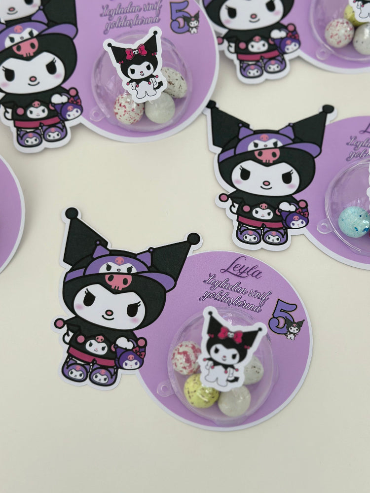 Cartoon character with purple outfit and black hat on a white background