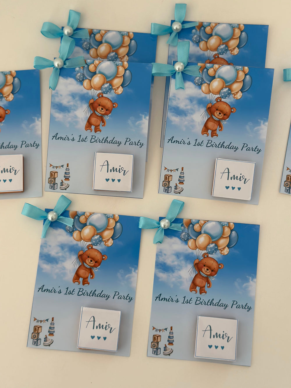 Teddy Bear Balloon 1st Birthday Favour Card — Blue Personalised Chocolate — Chocoodad Baku