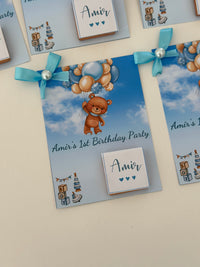 Teddy Bear Balloon 1st Birthday Favour Card — Blue Personalised Chocolate — Chocoodad Baku