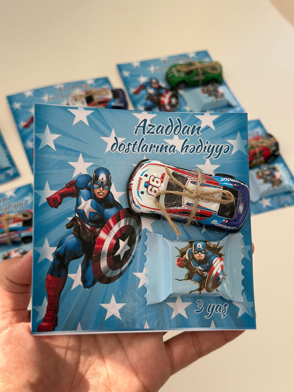 Captain America Birthday Accessory Card — Car Toy + Chocolate Gift — Chocoodad Baku