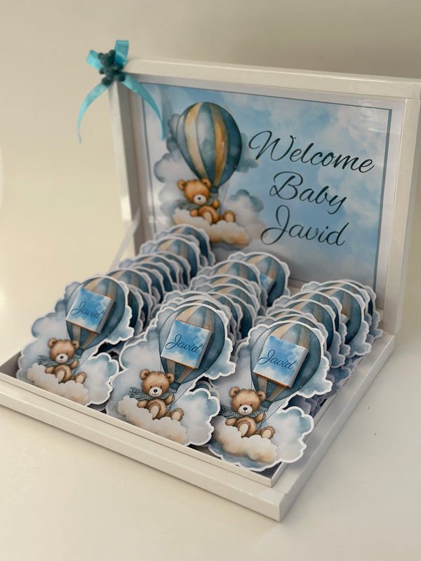 Teddy Bear Hot Air Balloon Baby Shower Chocolate Card Box — 24 Pieces — Chocoodad Baku