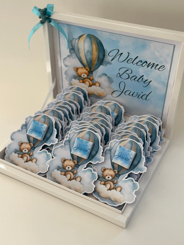 Teddy Bear Hot Air Balloon Baby Shower Chocolate Card Box — 24 Pieces — Chocoodad Baku