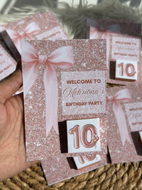 Rose Gold Glitter Bow Birthday Favour Card — Personalised Chocolate — Chocoodad Baku