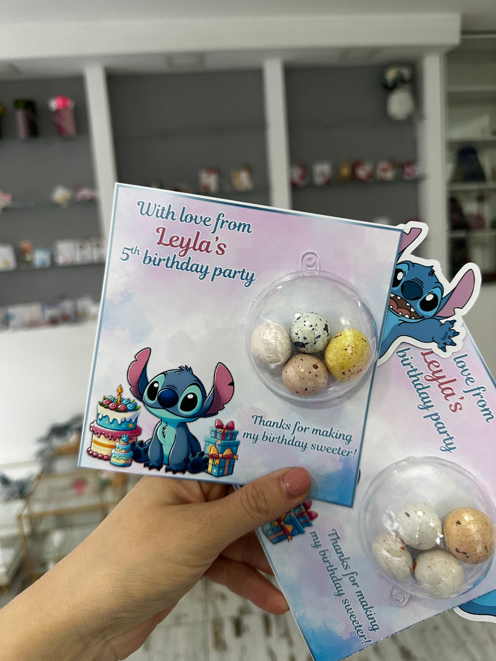 Stitch Birthday Favour Card — Bonbon Dome Personalised Chocolate Gift — Chocoodad Baku