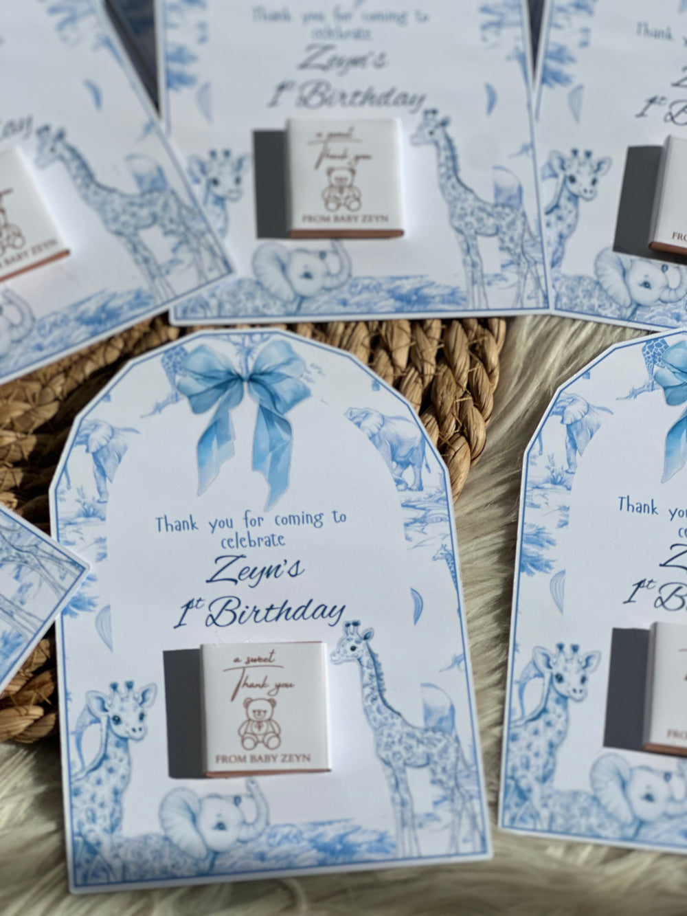 Blue Safari Toile Baby 1st Birthday Favour Card — Personalised Chocolate — Chocoodad Baku