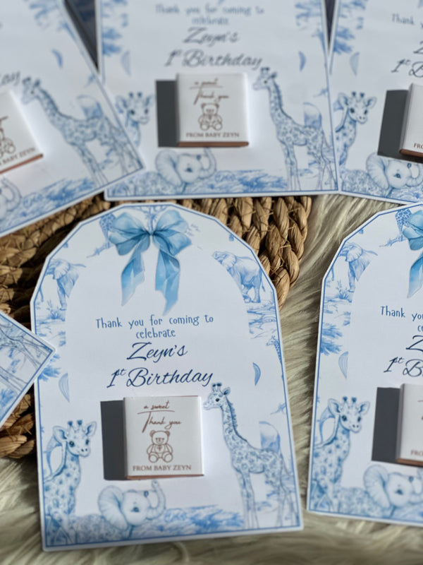 Blue Safari Toile Baby 1st Birthday Favour Card — Personalised Chocolate — Chocoodad Baku