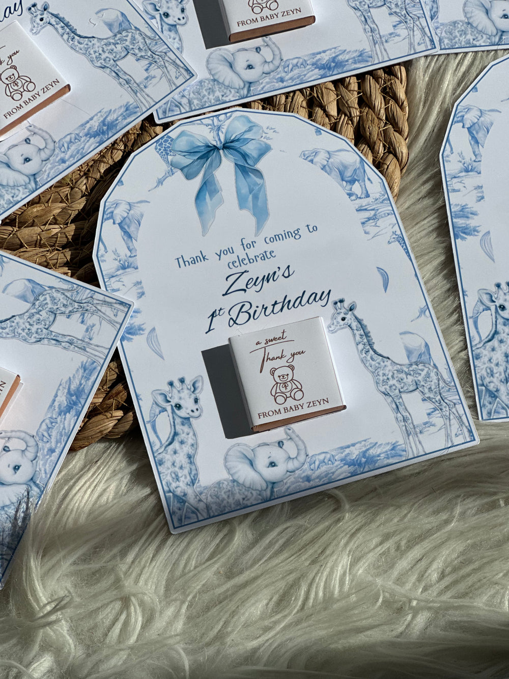 Blue Safari Toile Baby 1st Birthday Favour Card — Personalised Chocolate — Chocoodad Baku