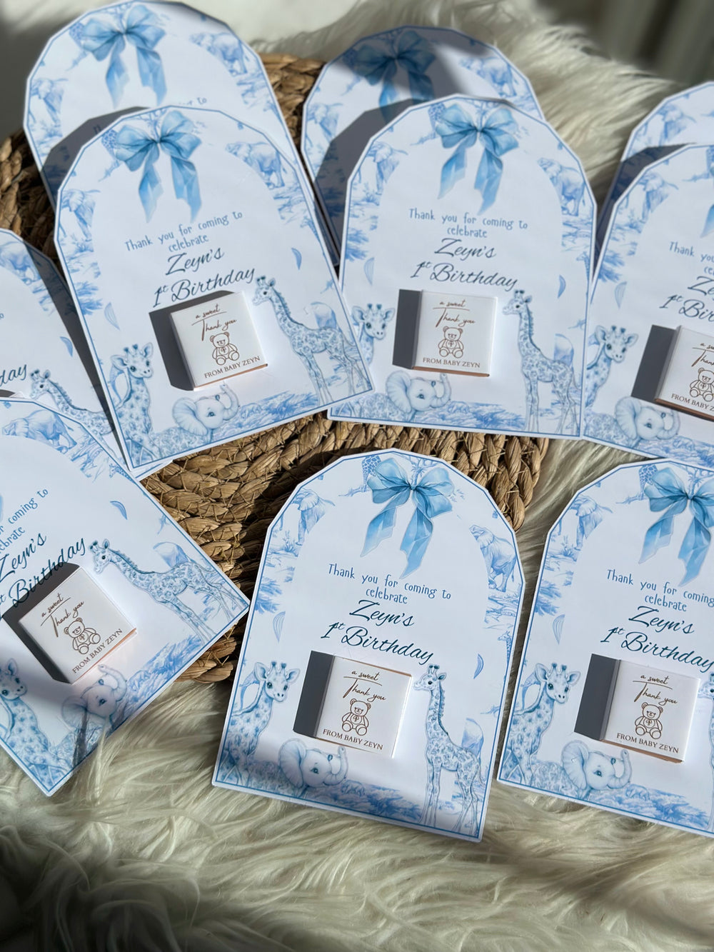 Blue Safari Toile Baby 1st Birthday Favour Card — Personalised Chocolate — Chocoodad Baku