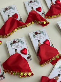 Henna Day Red Satin Favour Card — Heart Chocolate & Gold Coin Trim — Chocoodad Baku