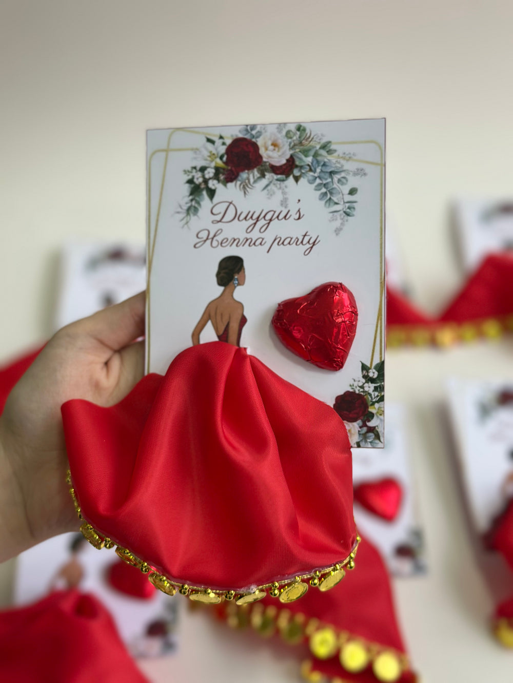 Henna Day Red Satin Favour Card — Heart Chocolate & Gold Coin Trim — Chocoodad Baku