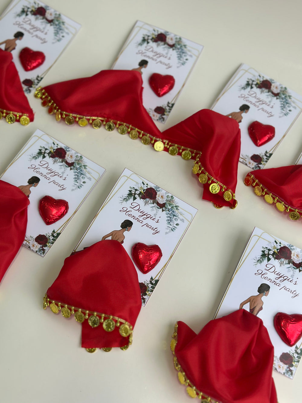Henna Day Red Satin Favour Card — Heart Chocolate & Gold Coin Trim — Chocoodad Baku