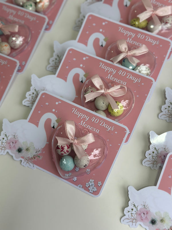 Swan Baby 40 Days Favour Card — Pink Speckled Bonbon Dome Gift — Chocoodad Baku
