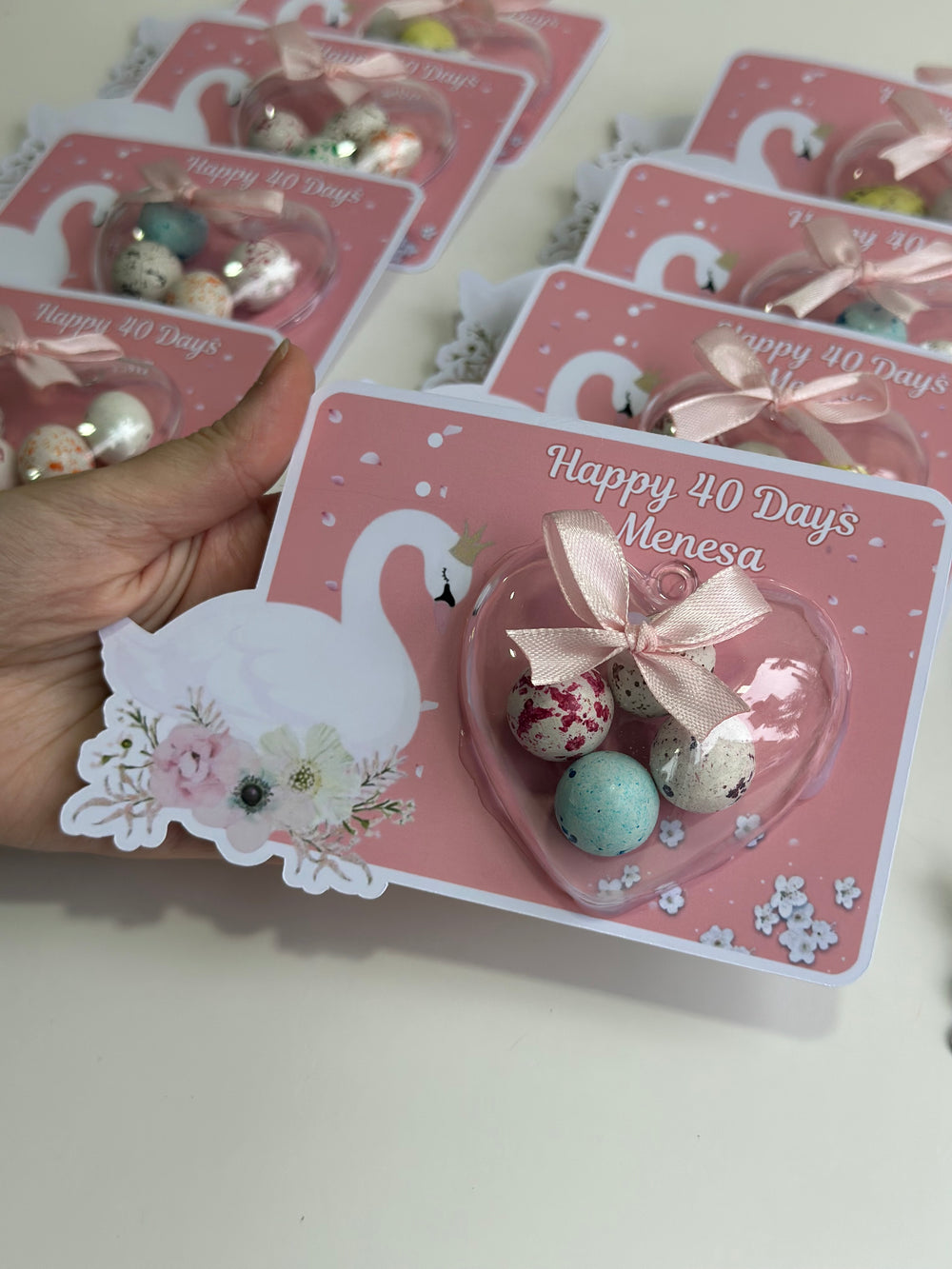 Swan Baby 40 Days Favour Card — Pink Speckled Bonbon Dome Gift — Chocoodad Baku