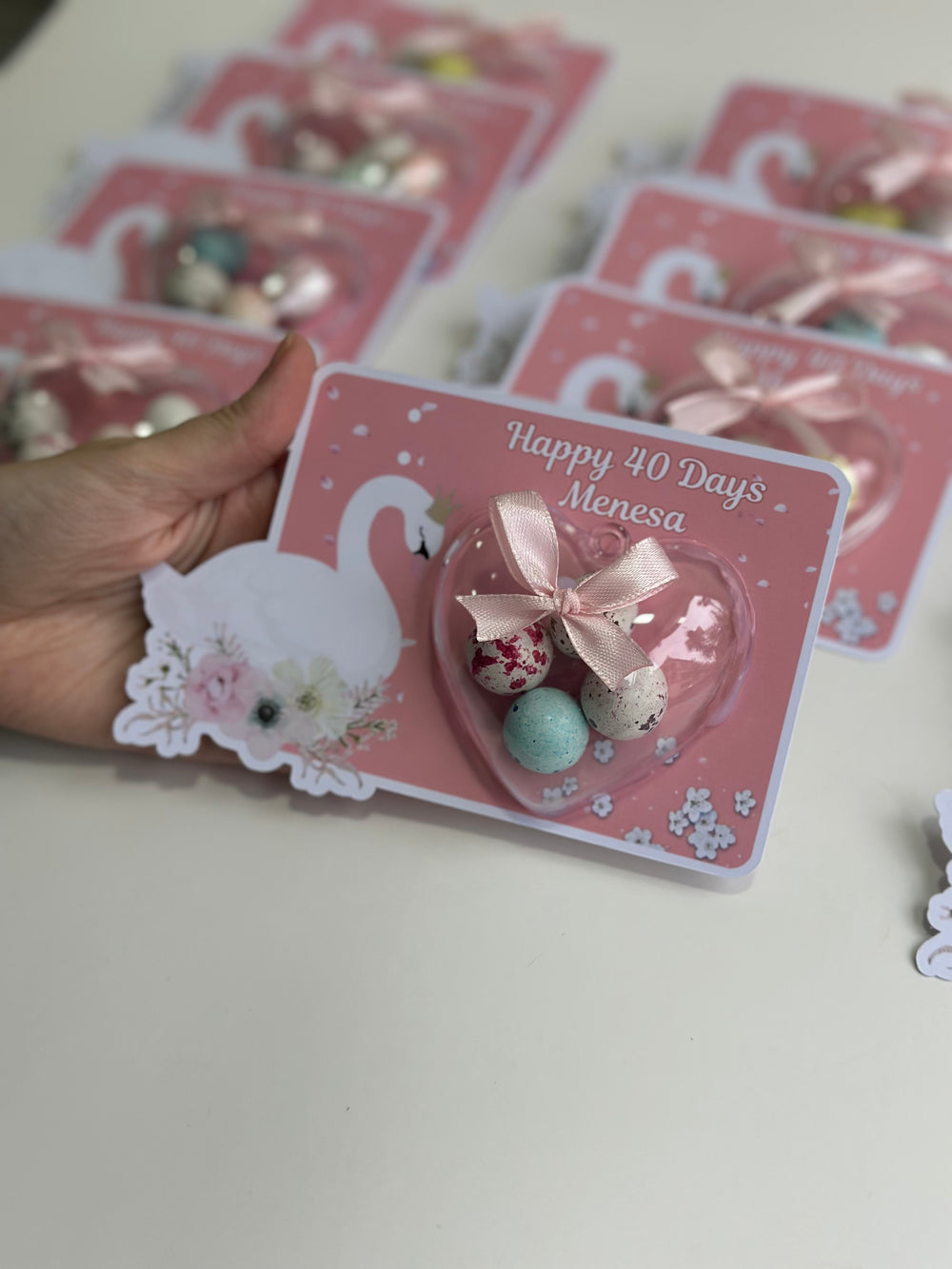 Swan Baby 40 Days Favour Card — Pink Speckled Bonbon Dome Gift — Chocoodad Baku