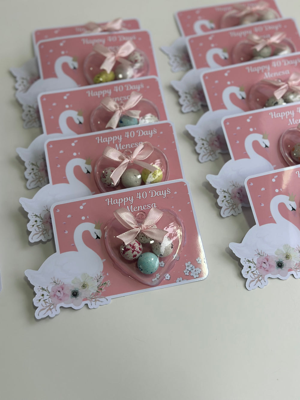 Swan Baby 40 Days Favour Card — Pink Speckled Bonbon Dome Gift — Chocoodad Baku