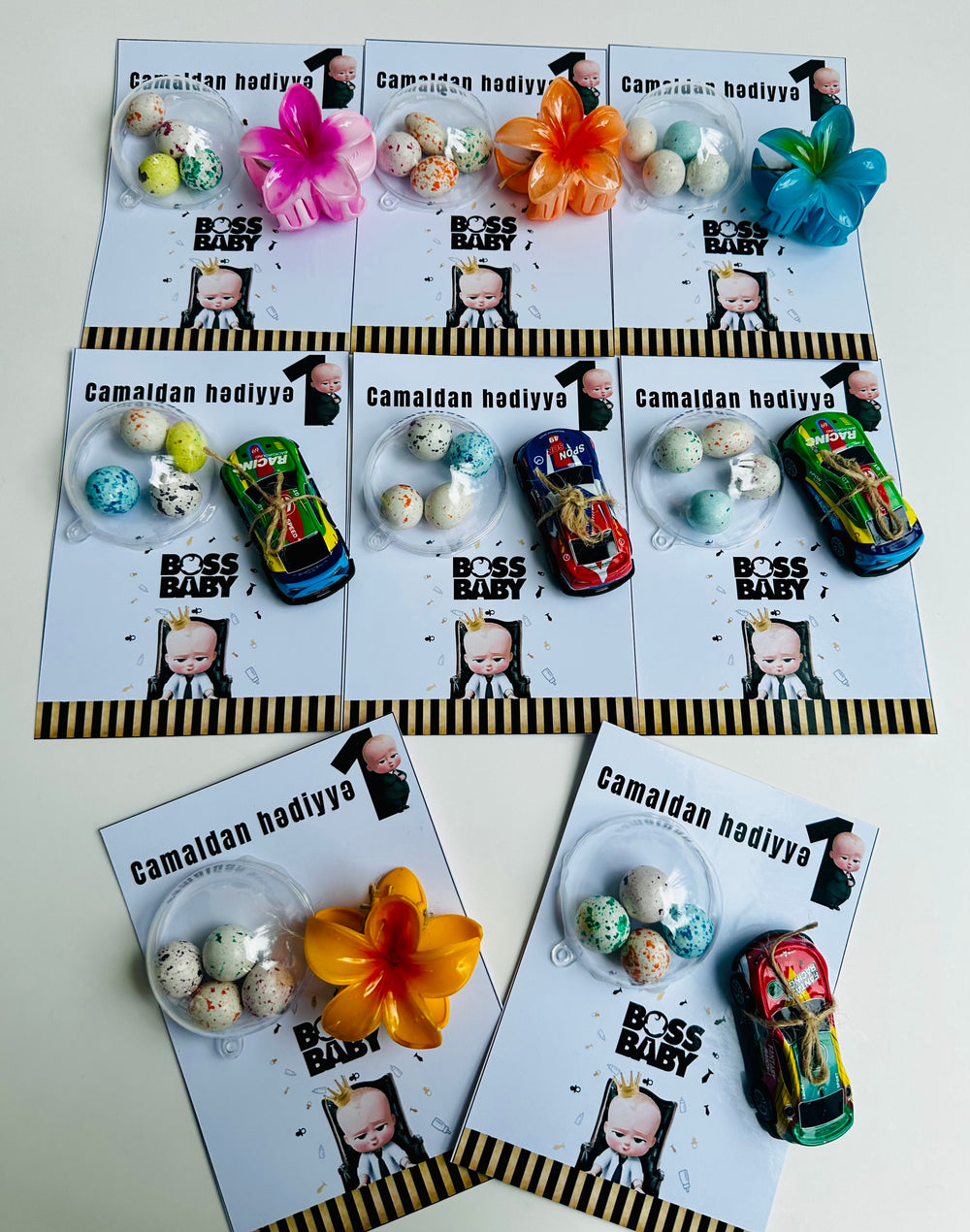 Boss Baby Birthday Favour Card — Toy Car & Hair Clip + Bonbon Set — Chocoodad Baku