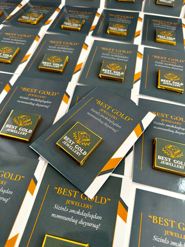 Gold Corporate Branding Chocolate Card — Custom Company Logo Gift — Chocoodad Baku