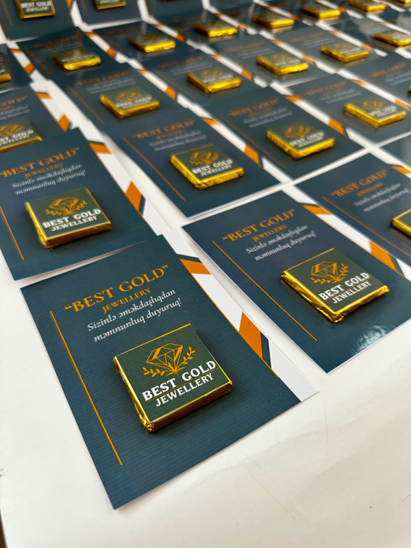 Gold Corporate Branding Chocolate Card — Custom Company Logo Gift — Chocoodad Baku