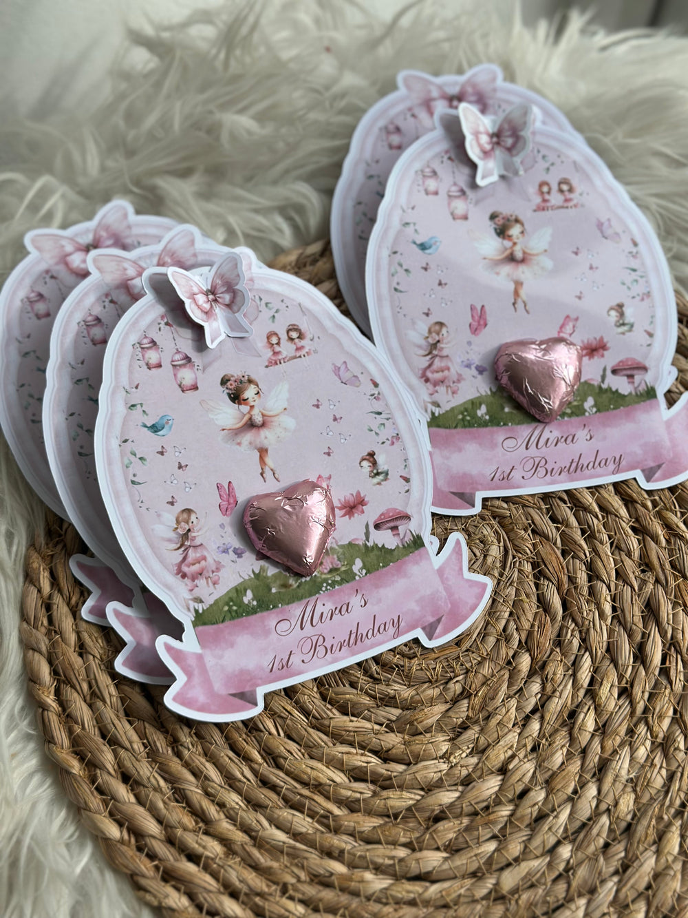 Fairy Angel 1st Birthday Favour Card — Pink Heart Chocolate & Butterfly — Chocoodad Baku