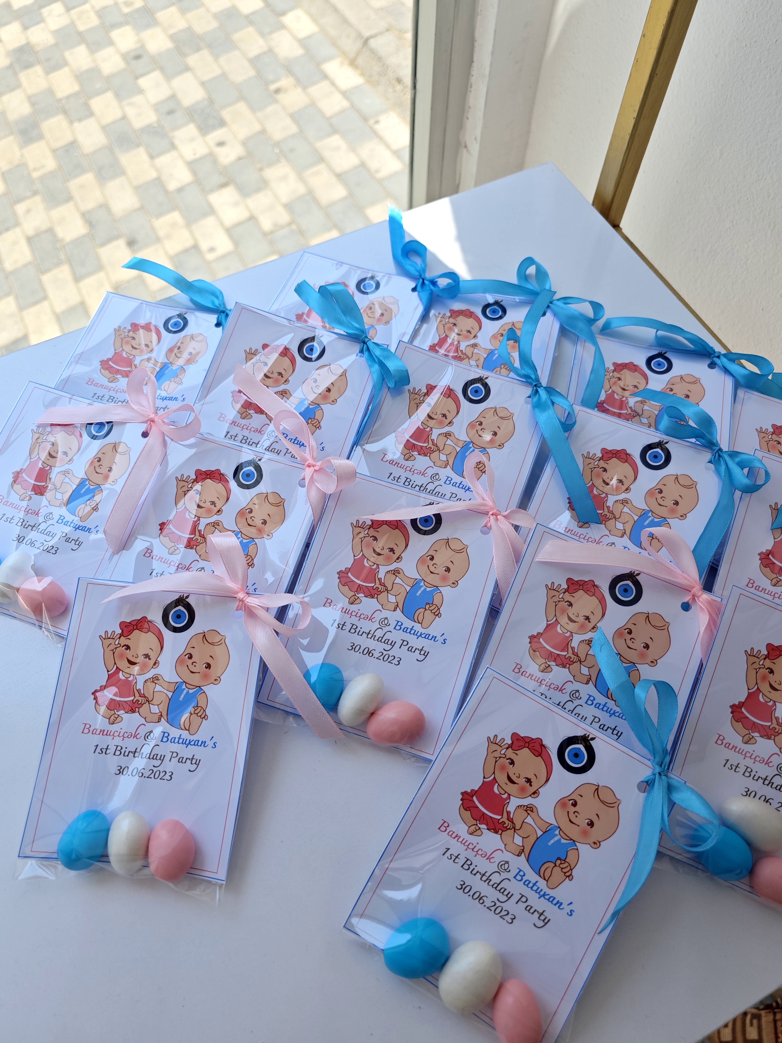 Customized Baby Birthday Party Favors with Evil Eye Charm for Twin babies