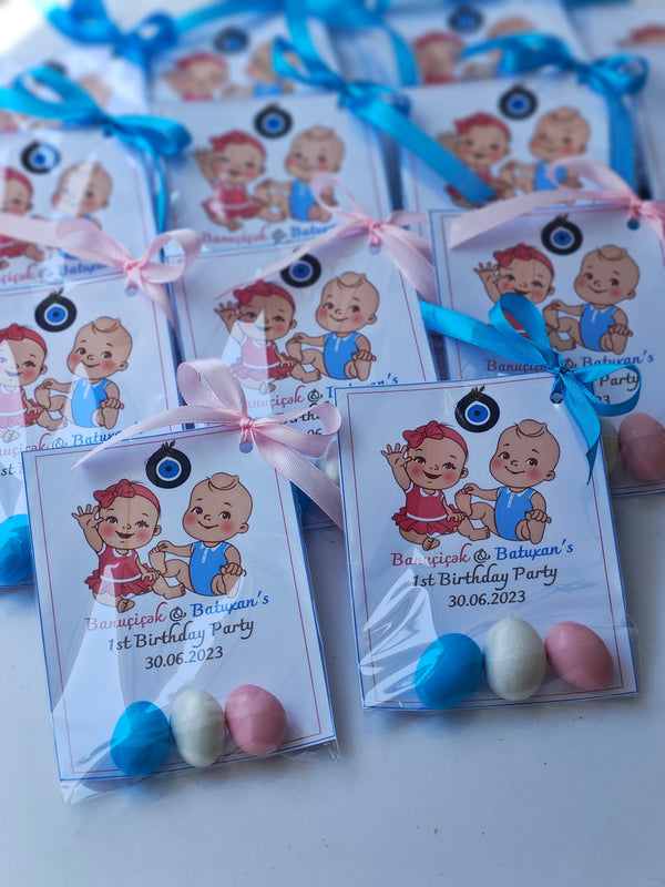 Customized Baby Birthday Party Favors with Evil Eye Charm for Twin babies