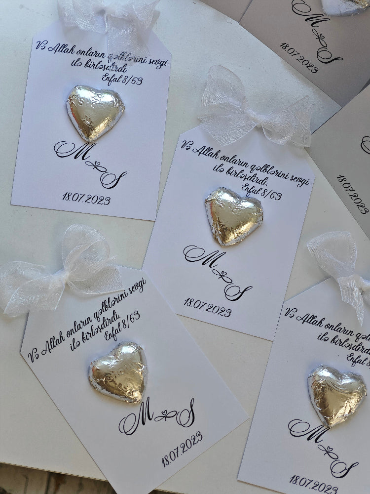 Gold heart-shaped earrings on white cards with personalized text