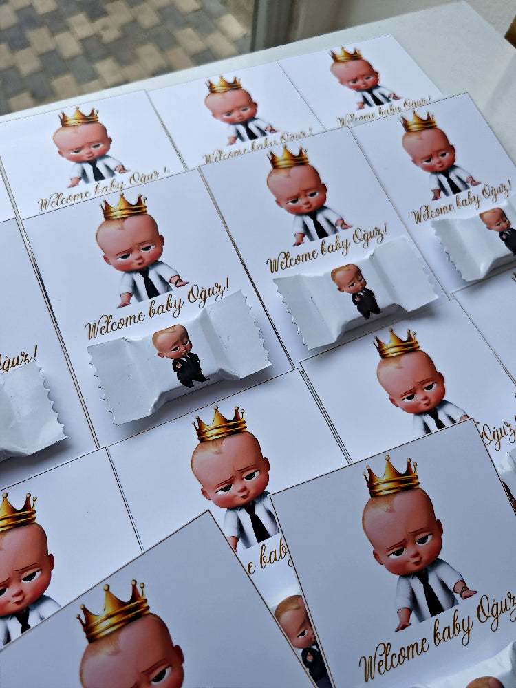 Stickers with a baby character wearing a crown and text on a white background