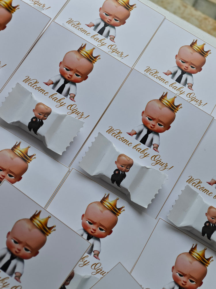 Stickers with a baby character wearing a crown and text on a white background